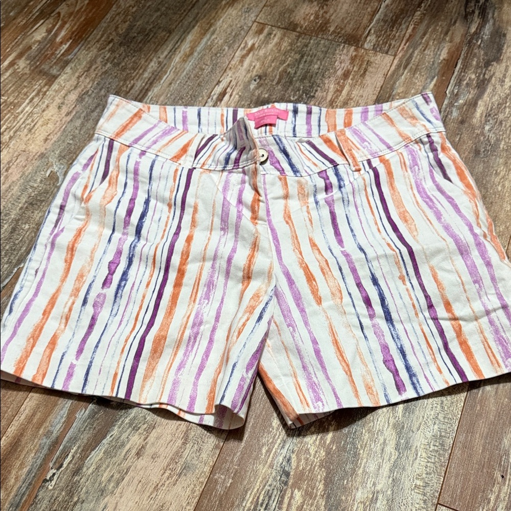 Isaac Mizrahi White Bermuda Shorts with Orange and Purple Stripes size 6